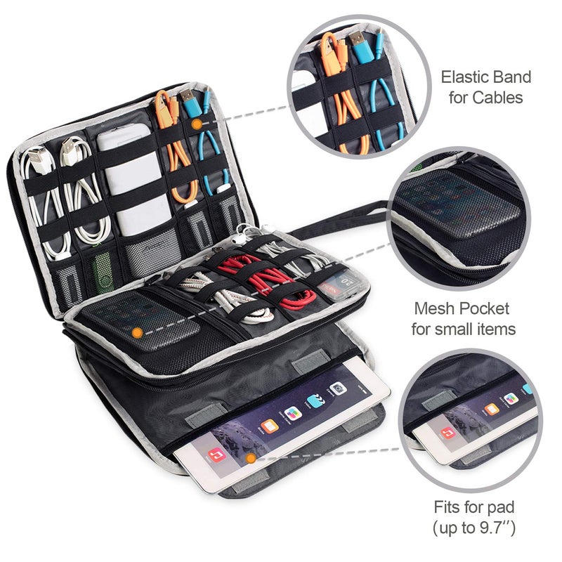 BUBM Double Layer Electronics Organizer, Travel Gadget Bag for Cables, Memory Cards, Flash Hard Drive and More, Fit for iPad or Tablet(up To 9.7")--Large, Gray - Image 4